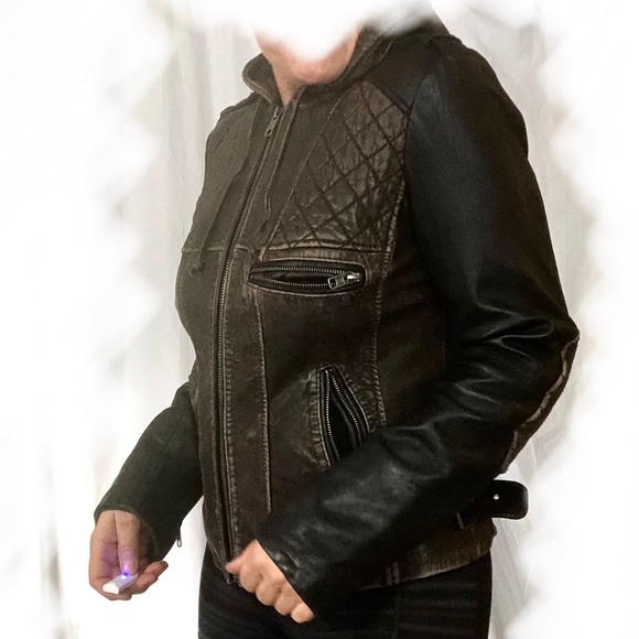 Michael Kors genuine leather brown hooded jacket, unique design, size medium - Picture 6 of 8